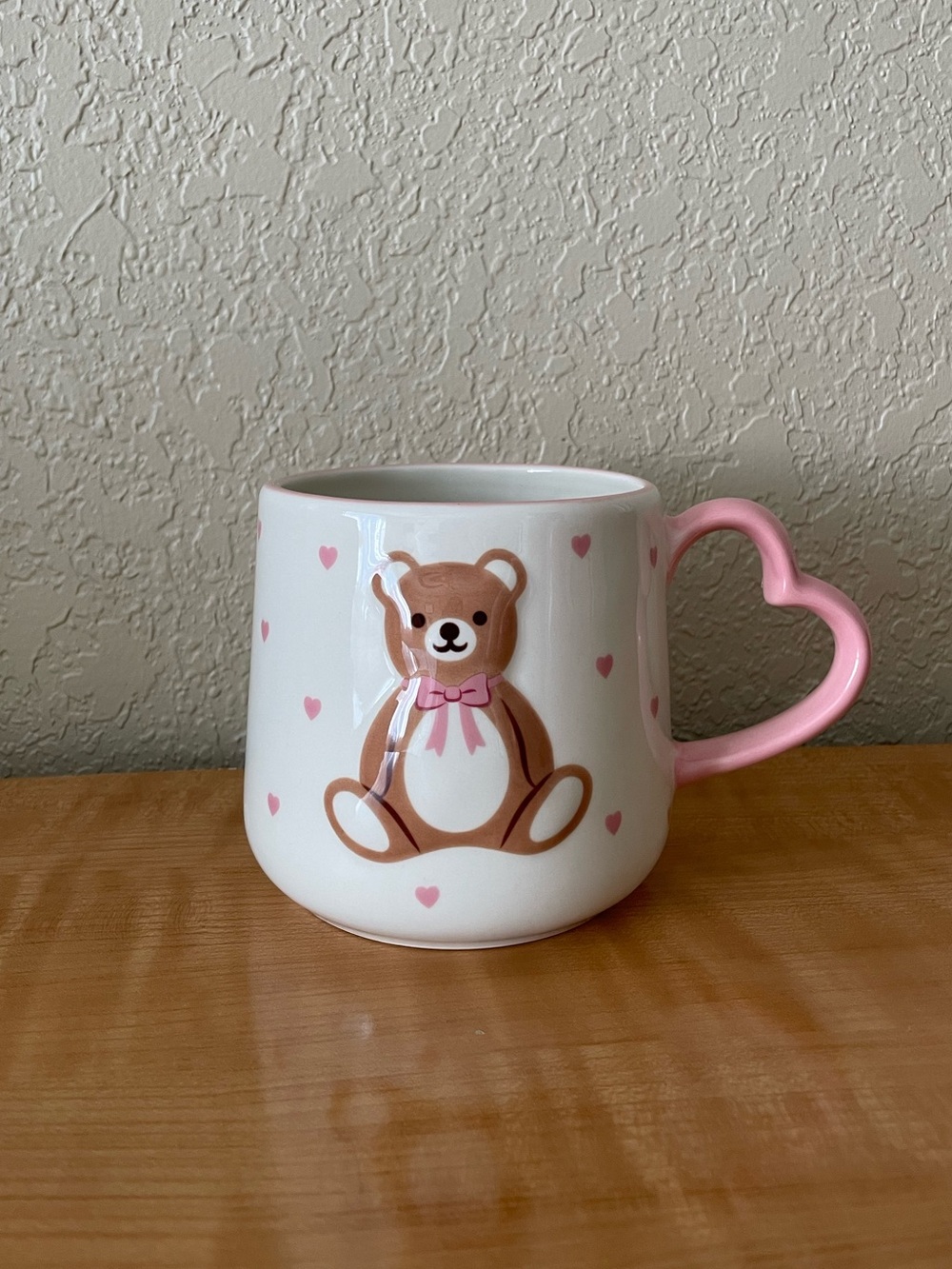 Teddy Bear Mug Heart Shaped Handle Pink Bow Large Cup Cute Girly Adorable White